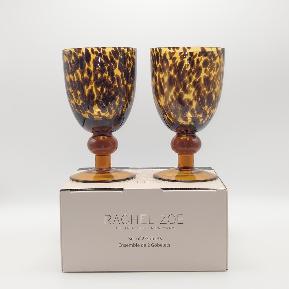 Rachel Zoe Amber Brown Tortoiseshell Glass Goblet Barware Set of 2 Candle Holder